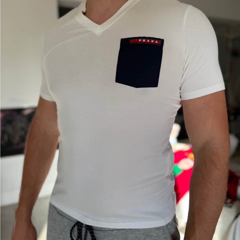 Prada White T-Shirt with Black Pocket